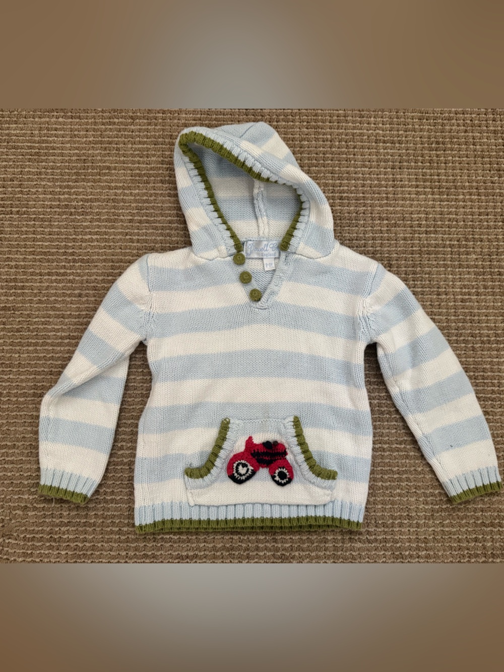 Striped Hooded Sweater with Red Truck Applique - Blue & White